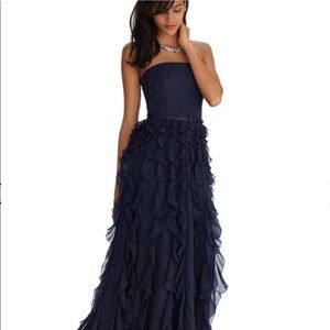 WHBM navy strapless floor length ruffle dress
